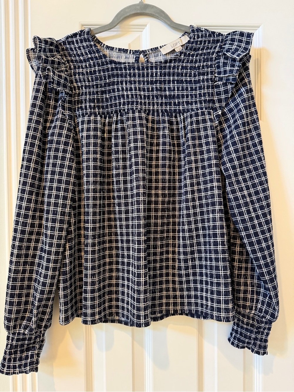 LOFT Navy and White Plaid Smocked Ruffle Yoke Blouse